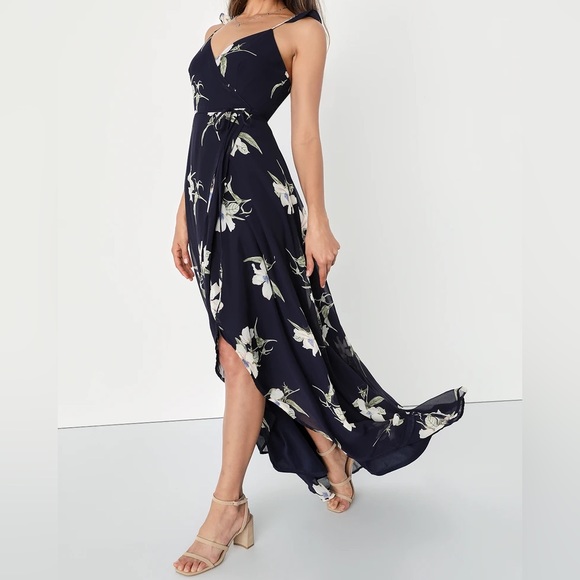 Lulus Dresses & Skirts - NWOT Lulus All Mine Navy Blue Floral Print High-Low Wrap Dress Small
